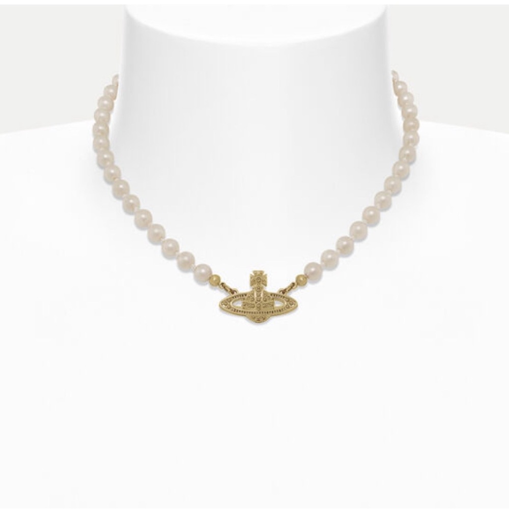 Vivienne Westwood White Pearl Necklace with Gold Orb Pendant